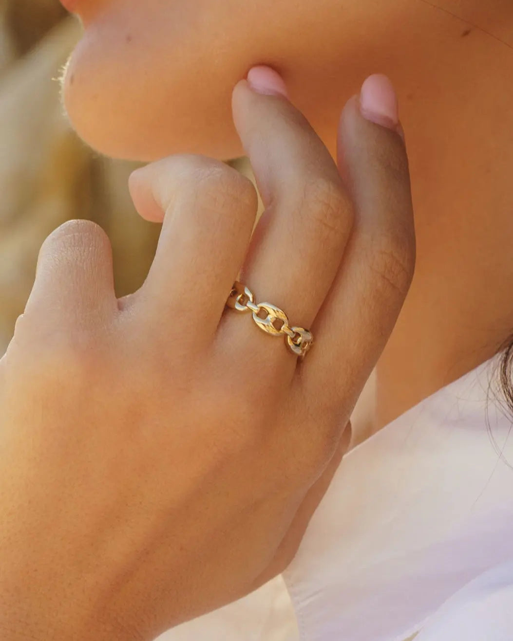Coffee Bean Ring styled on hand, layered with IGGI Jewellery rings