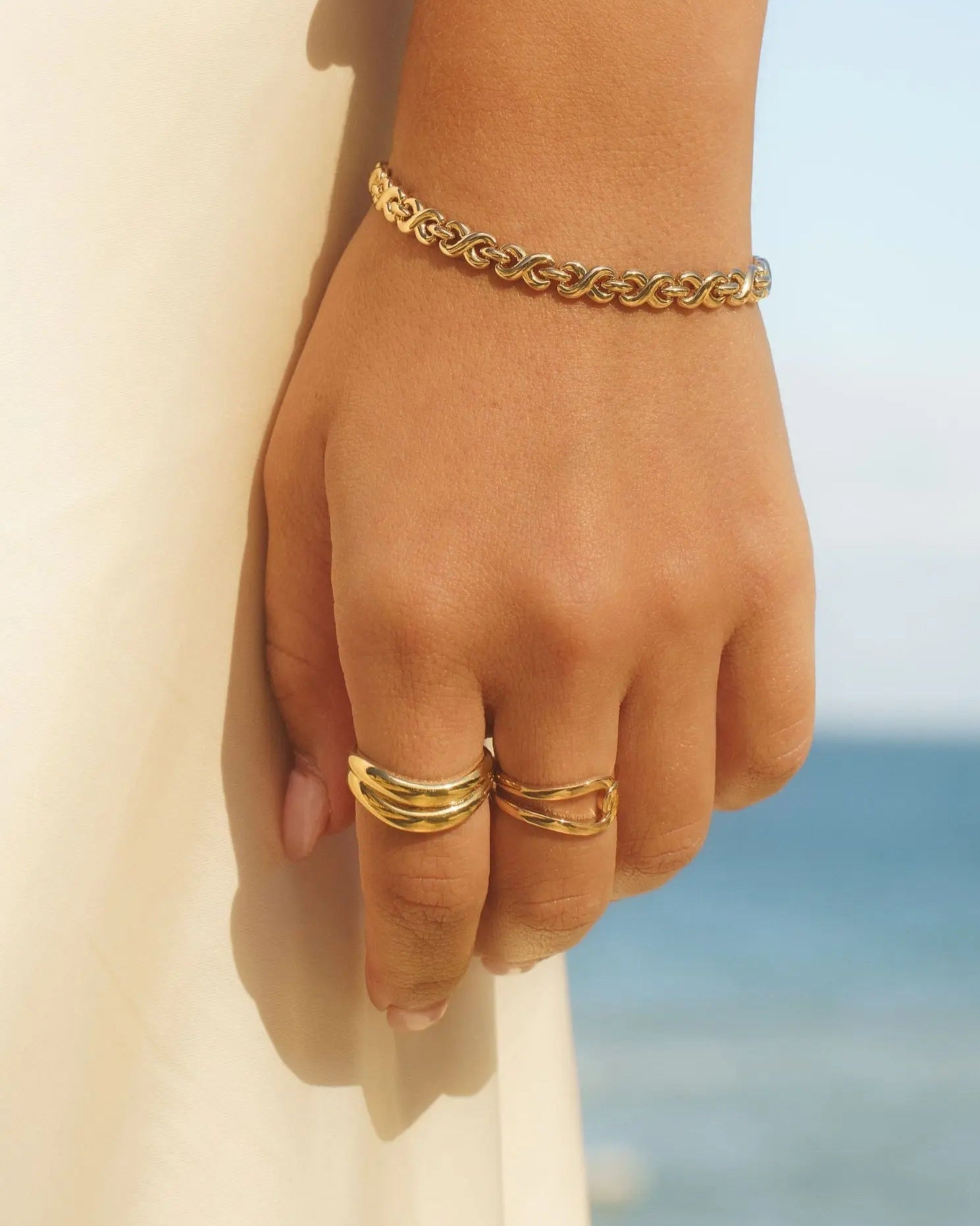 Halona Ring styled on hand, bold dome design in 18k gold-filled finish