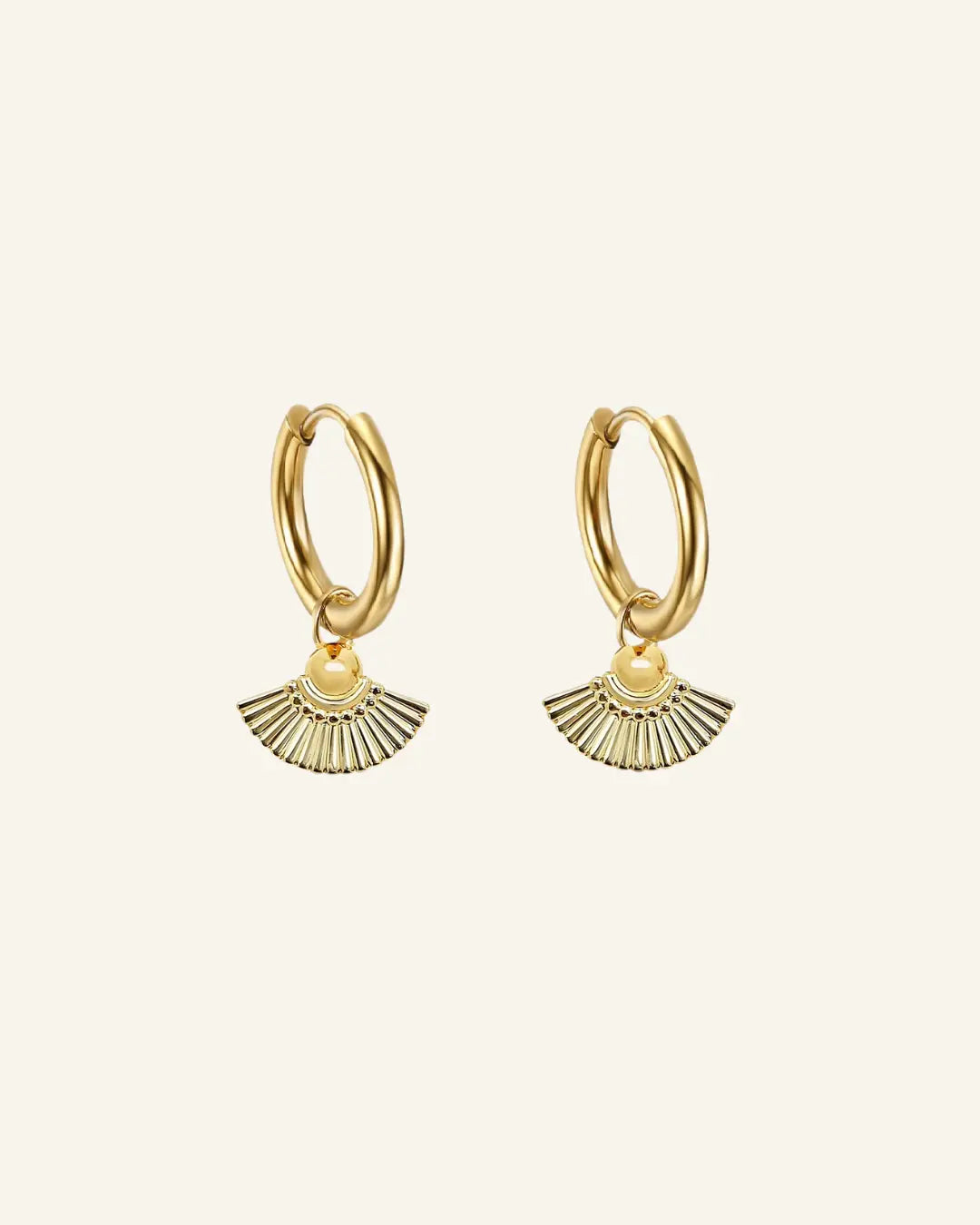 Heka Hoops 18k gold-filled hoop earrings with fan-shaped charm by IGGI Jewellery