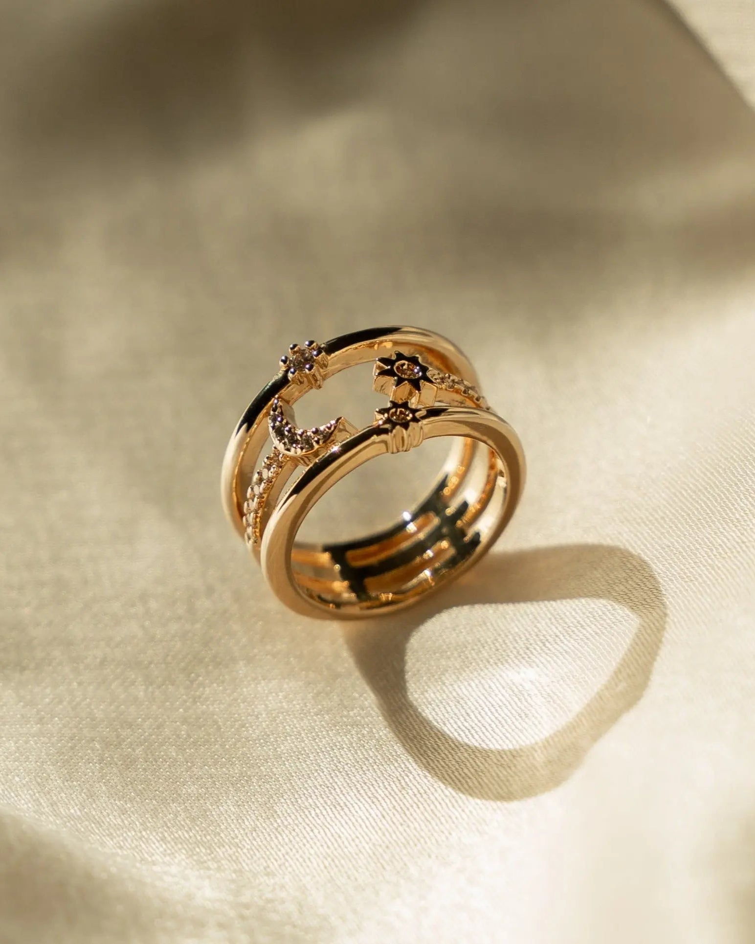Detailed view of Nova Ring showcasing gold-filled finish and stones