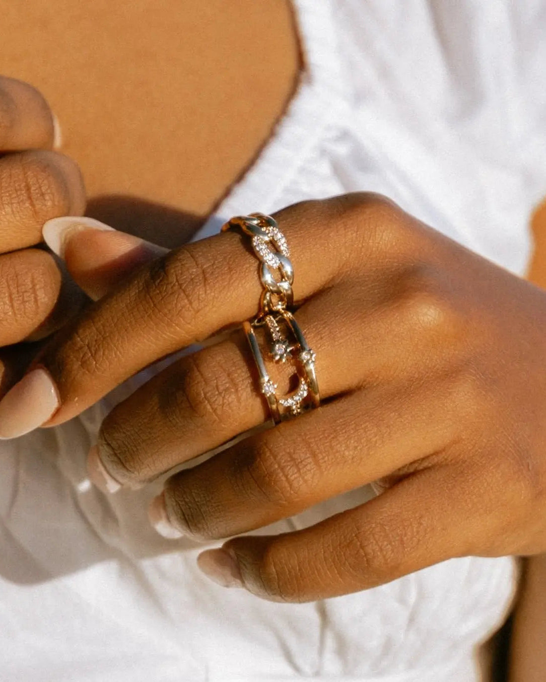 Nova Ring styled on hand with other IGGI gold jewellery pieces