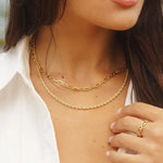 Close-up of model wearing 18k gold-filled paperclip chain necklace – minimal styling