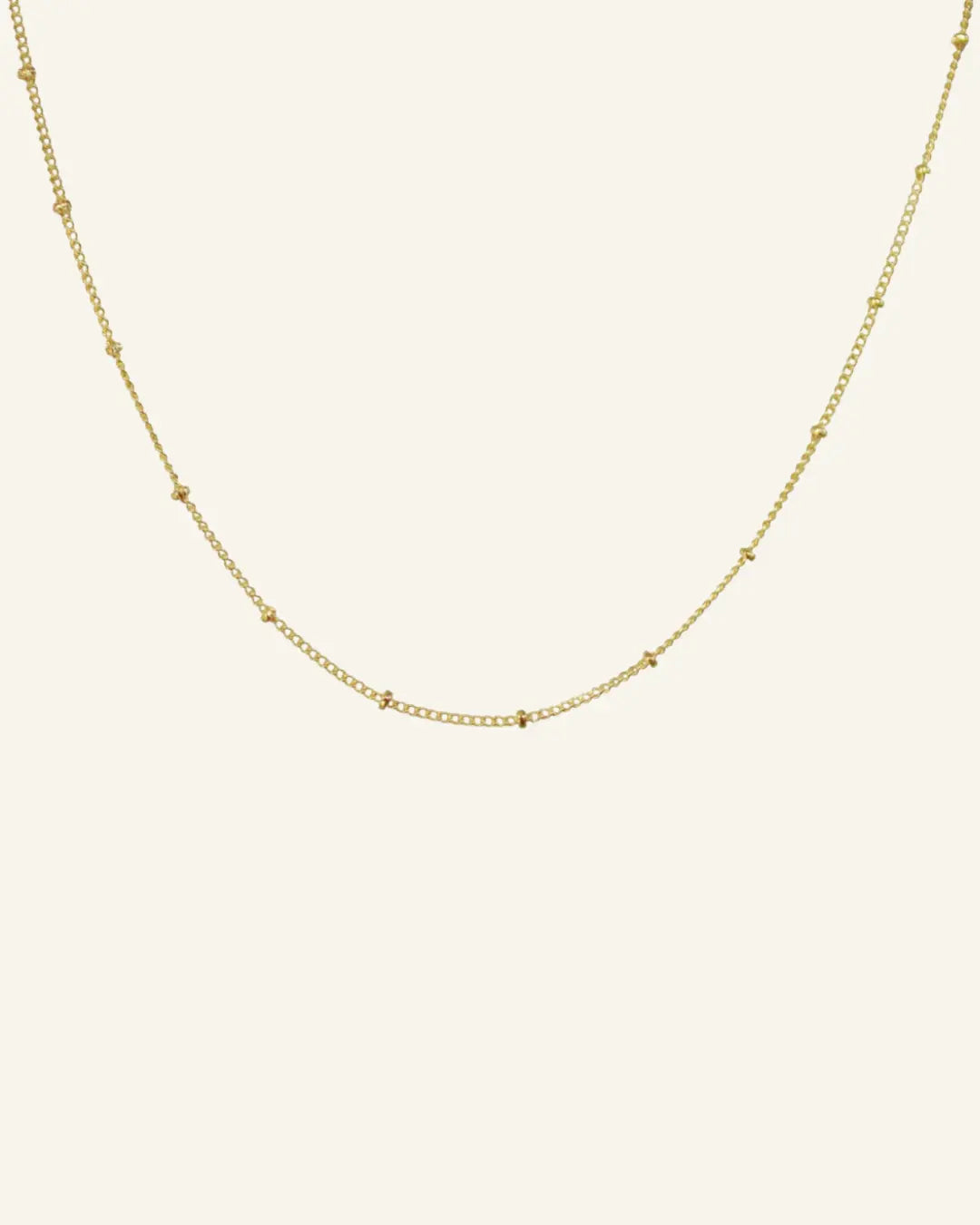 Satellite Ball Chain Necklace flatlay showing 18k gold-filled chain with dainty satellite beads