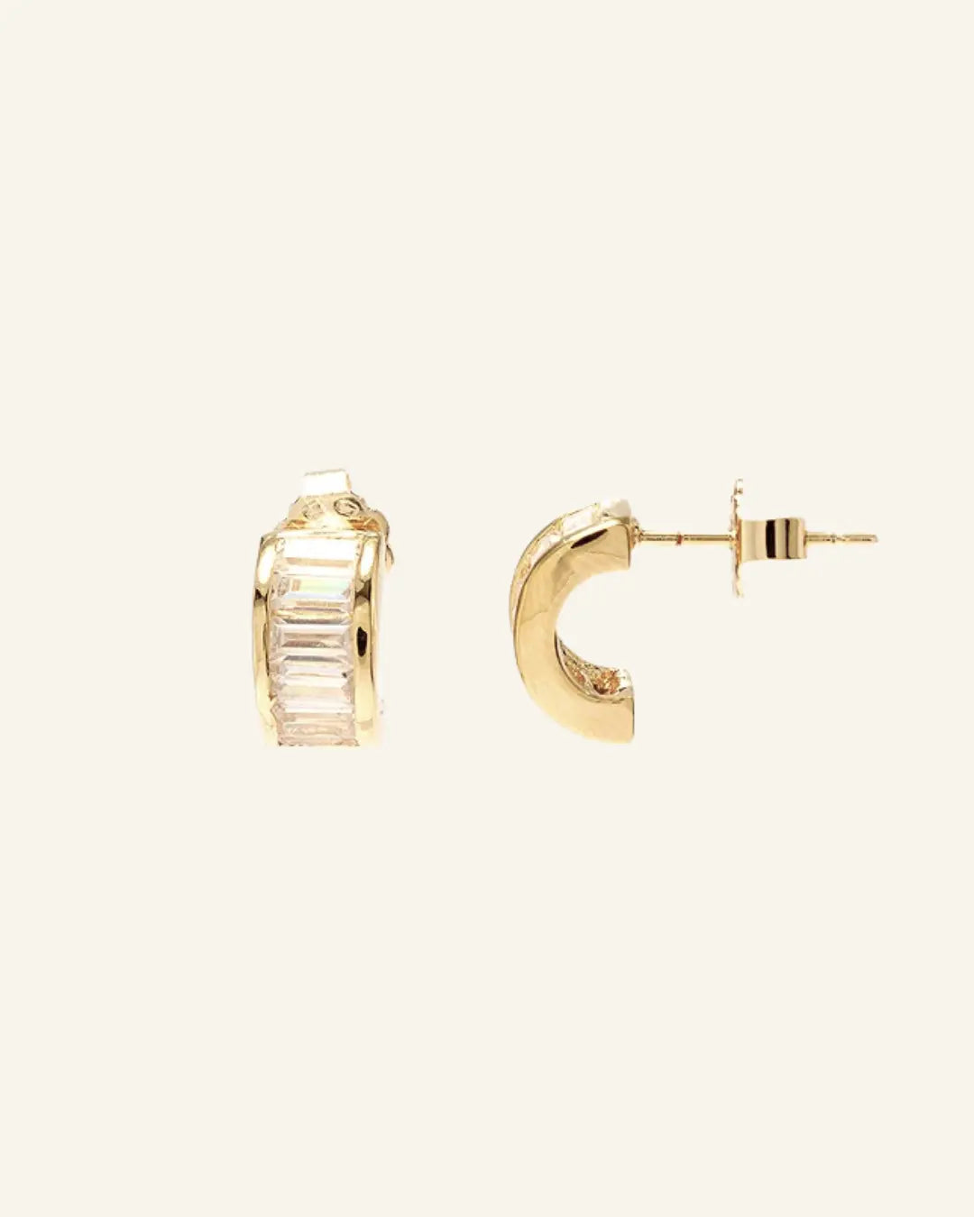 Sonia Studs 18k gold-filled hoop earrings with baguette CZ stones on neutral background