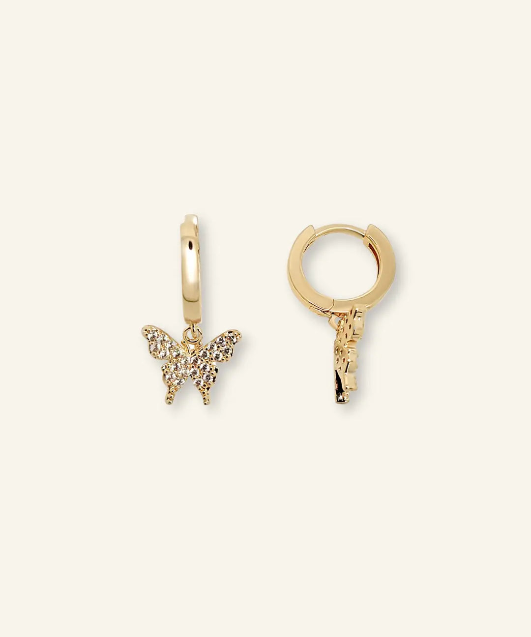 Butterfly Drop Huggies by IGGI Jewellery – 18k gold-filled earrings with butterfly charms, hypoallergenic and tarnish-resistant.