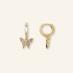 Butterfly Drop Huggies by IGGI Jewellery – 18k gold-filled earrings with butterfly charms, hypoallergenic and tarnish-resistant.