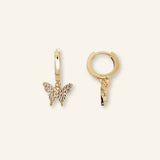 Butterfly Drop Huggies by IGGI Jewellery – 18k gold-filled earrings with butterfly charms, hypoallergenic and tarnish-resistant.
