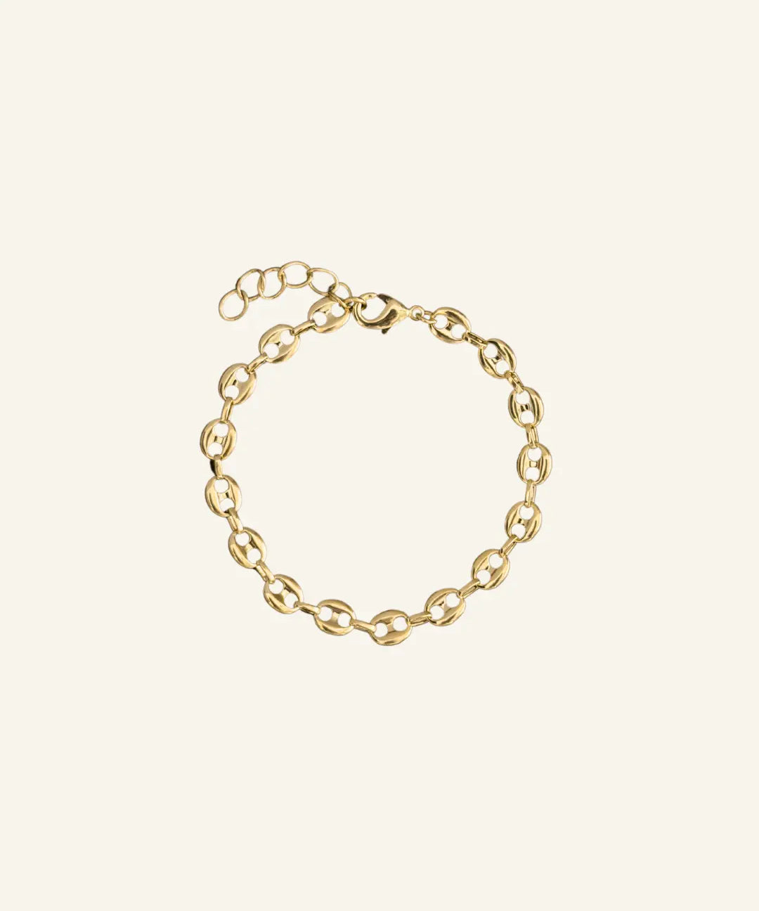 18k gold-filled Coffee Bean Bracelet by IGGI Jewellery on neutral background