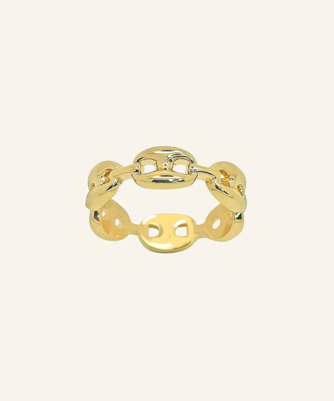 Coffee Bean Ring in 18k gold-filled chain design on neutral background