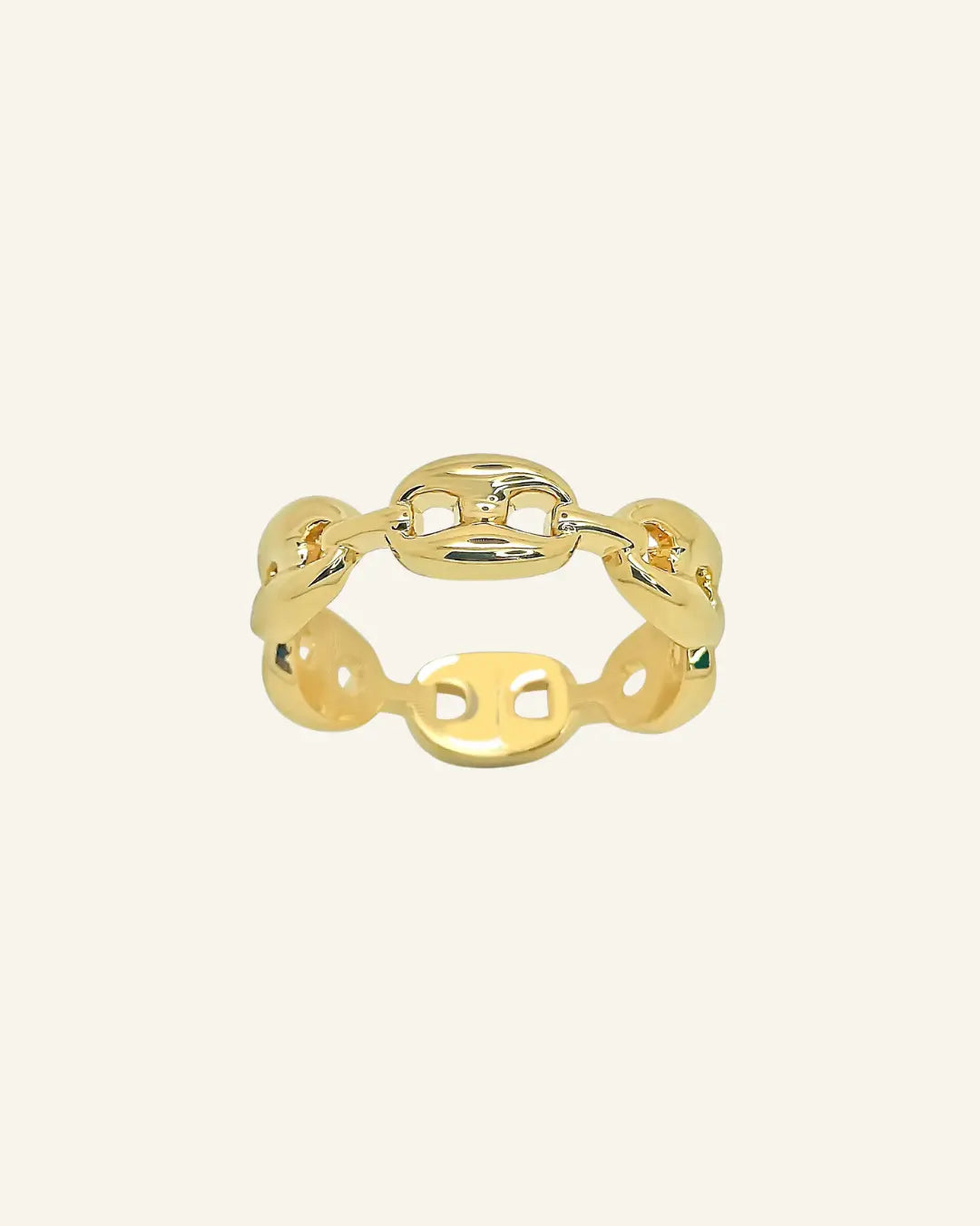 Coffee Bean Ring in 18k gold-filled chain design on neutral background