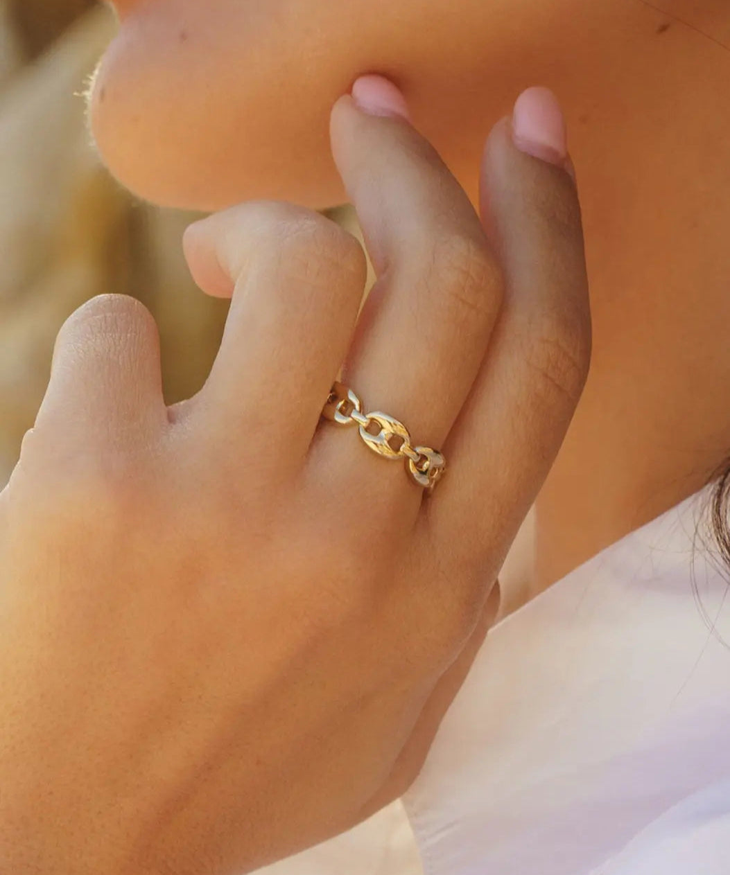 Coffee Bean Ring styled on hand, layered with IGGI Jewellery rings