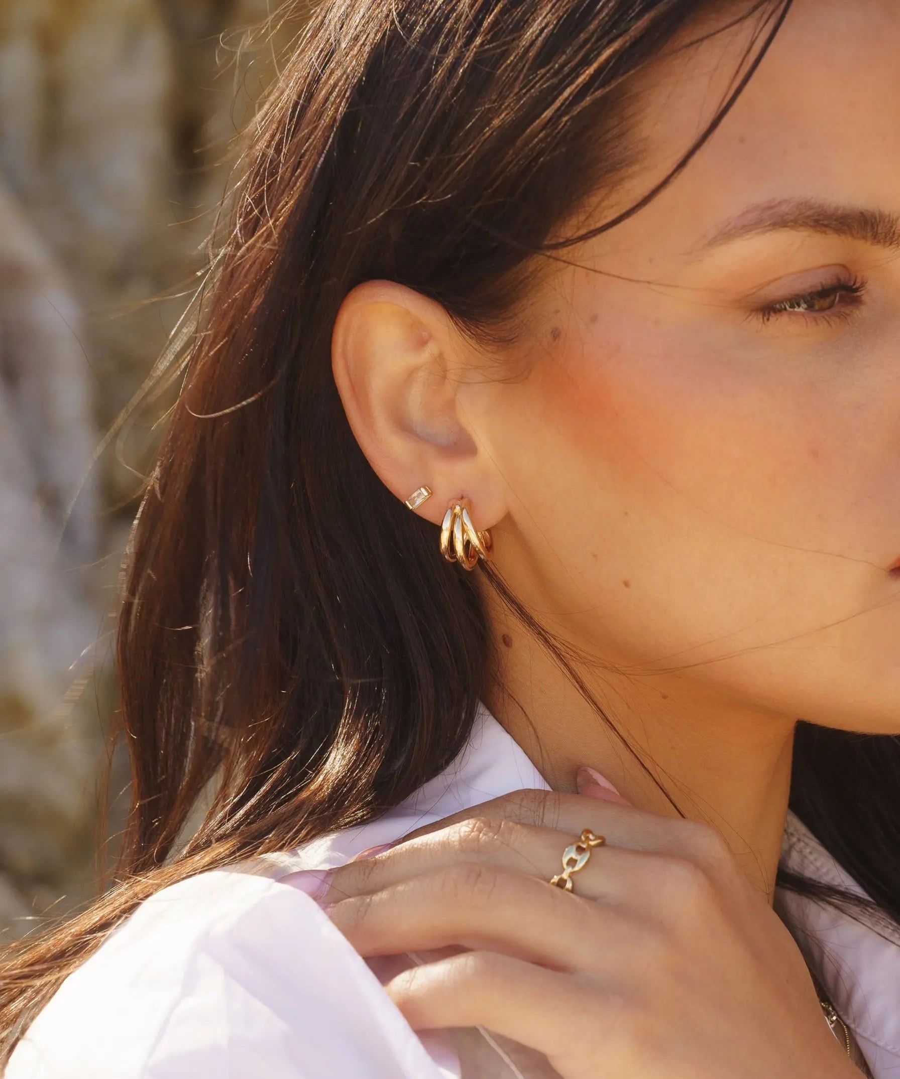 Side view of Cove Drop Earrings - 18k gold-filled hoops by IGGI Jewellery