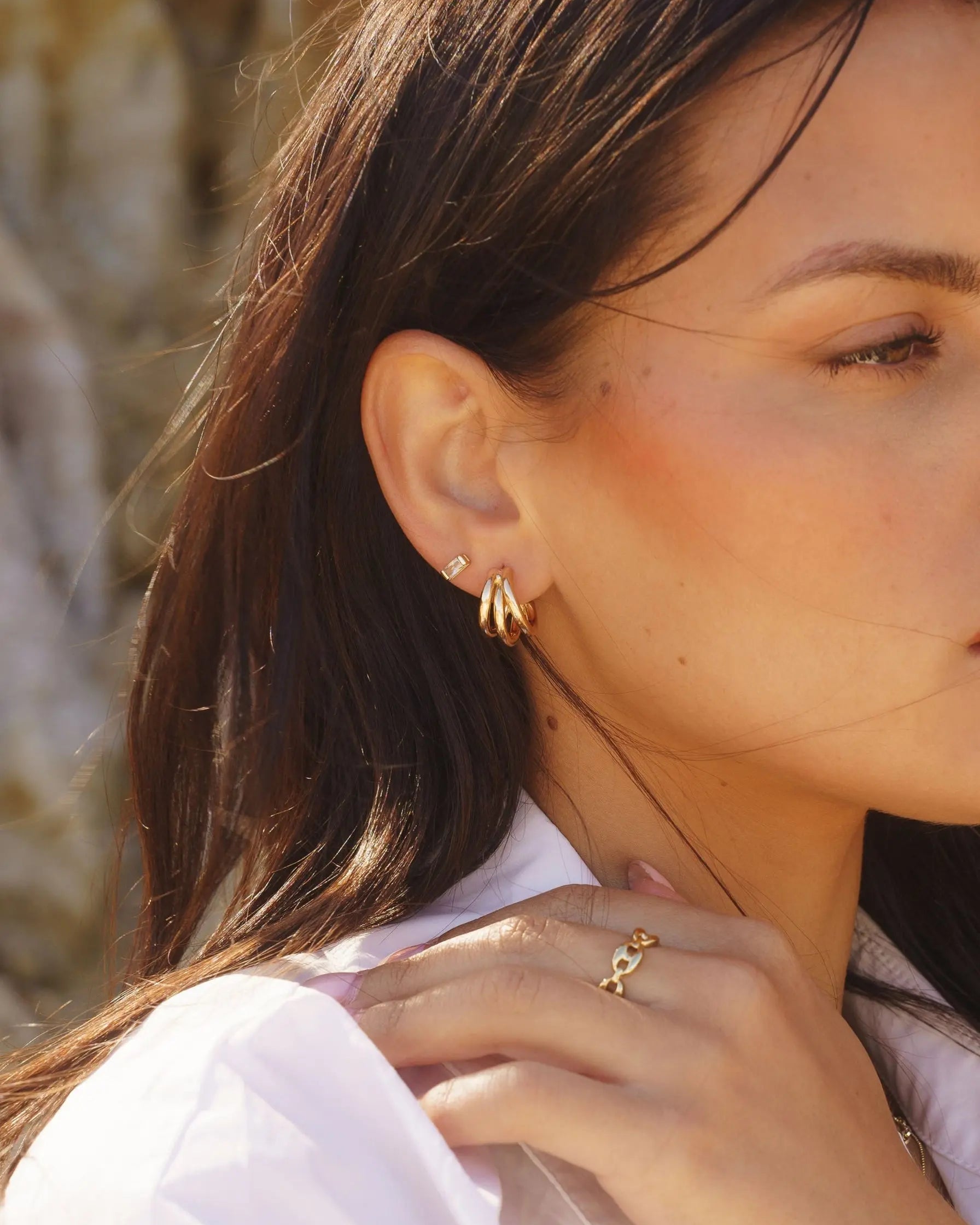 Side view of Cove Drop Earrings - 18k gold-filled hoops by IGGI Jewellery