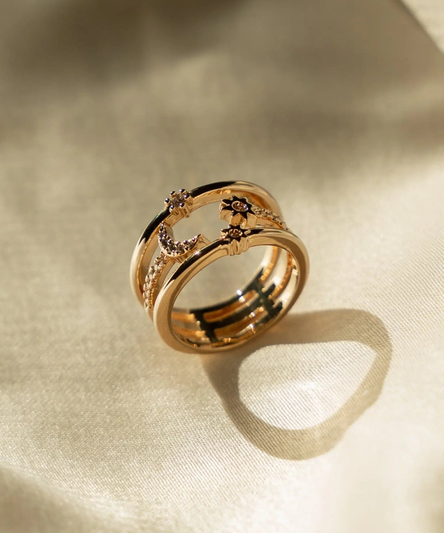 Detailed view of Nova Ring showcasing gold-filled finish and stones