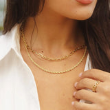 Close-up of model wearing 18k gold-filled paperclip chain necklace – minimal styling
