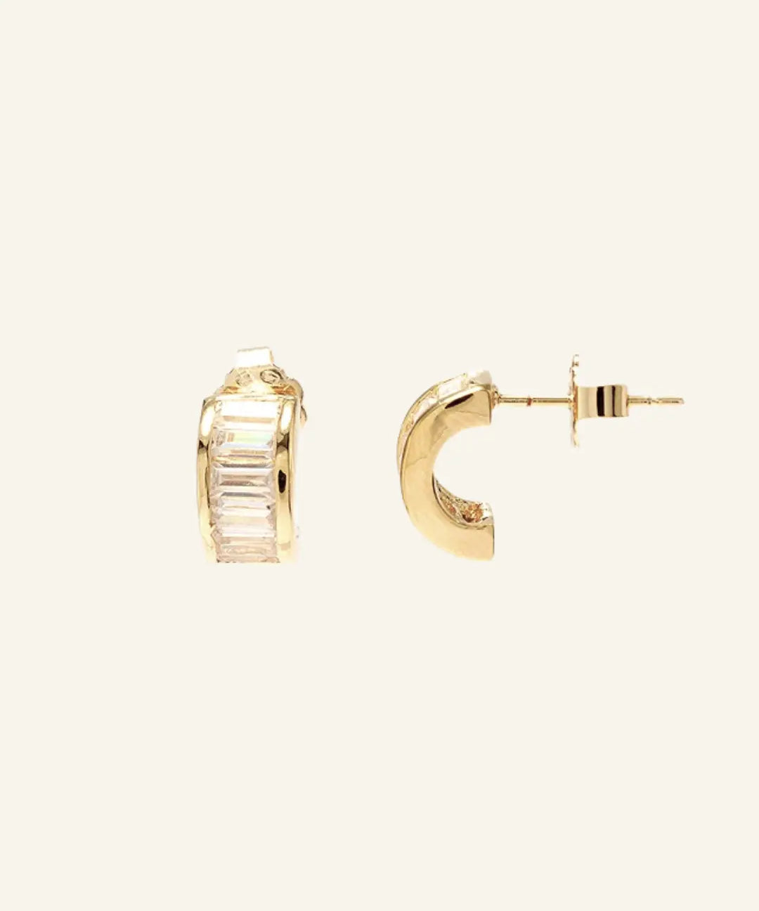 Sonia Studs 18k gold-filled hoop earrings with baguette CZ stones on neutral background